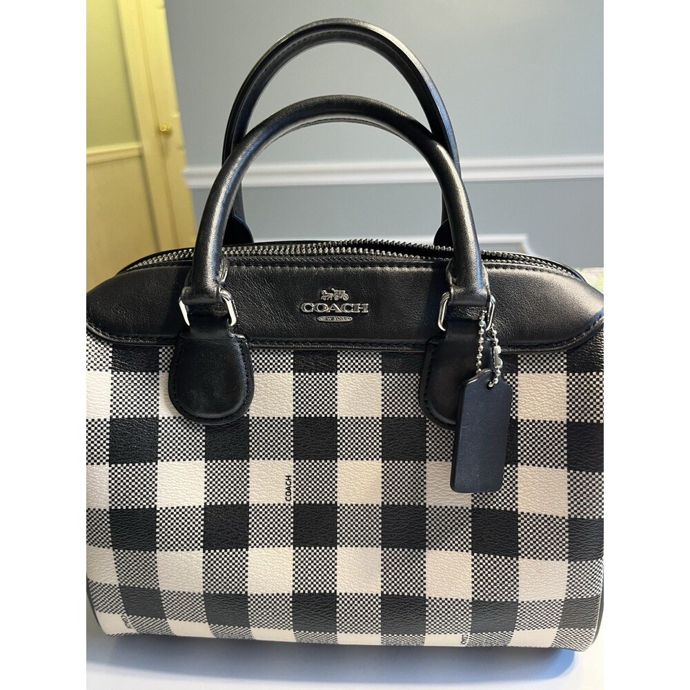 Coach Mini Bennett Black White Plaid Crossed Grain Leather Satchel - Picture 4 of 16